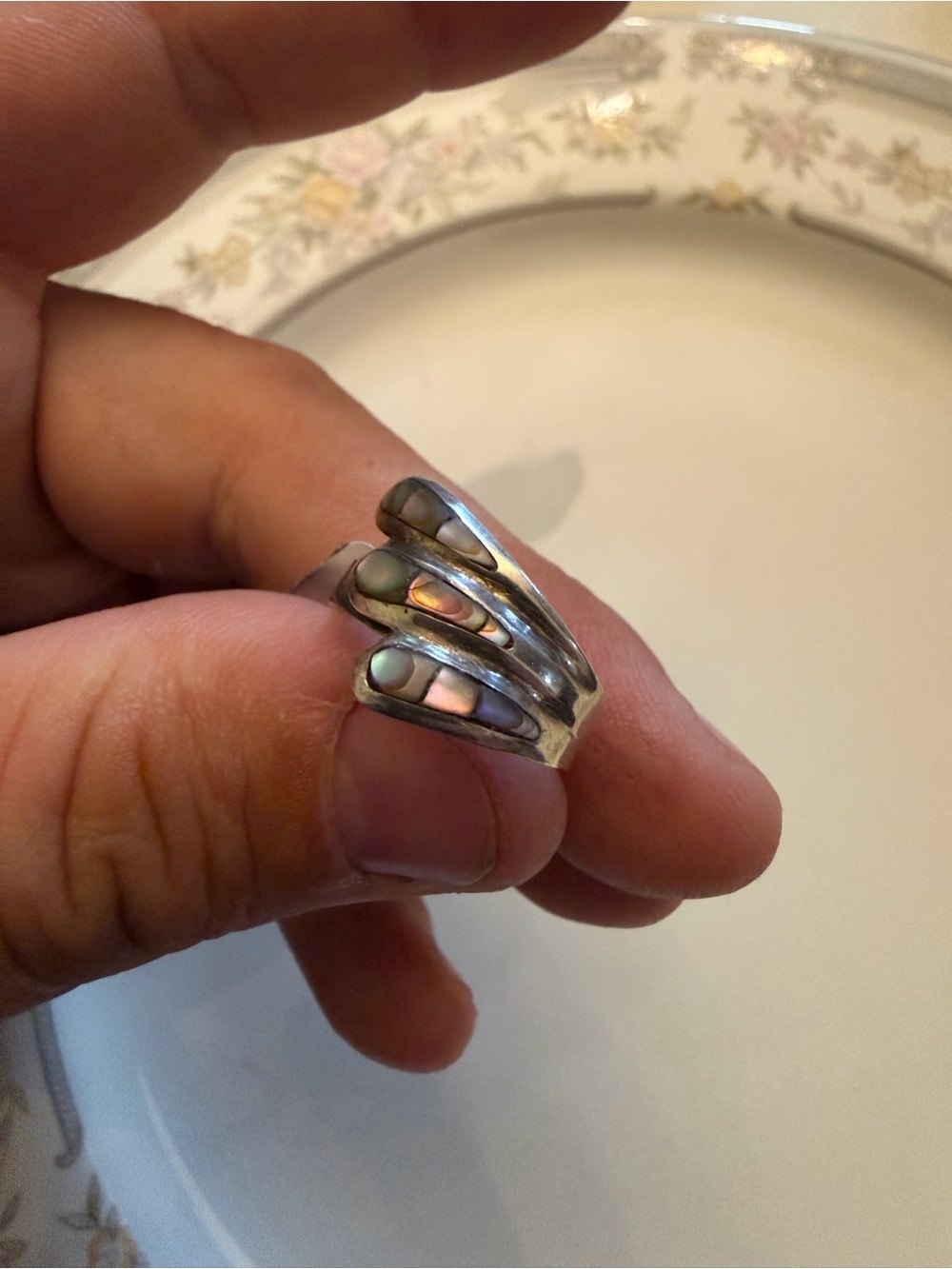 Sterling Silver Abalone Inlay Wrap Ring - Iridescent Green Pink